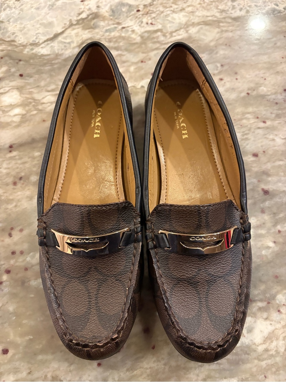 Coach Olympia Brown Signature Leather Loafers with Gold Accent